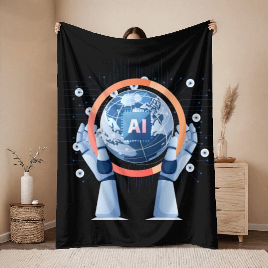 Robot Hand Holding World with Ai Chip Throw Blankets