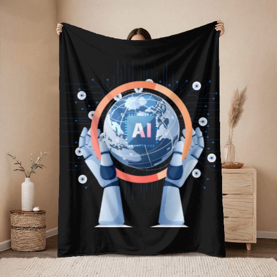 Robot Hand Holding World with Ai Chip Throw Blankets