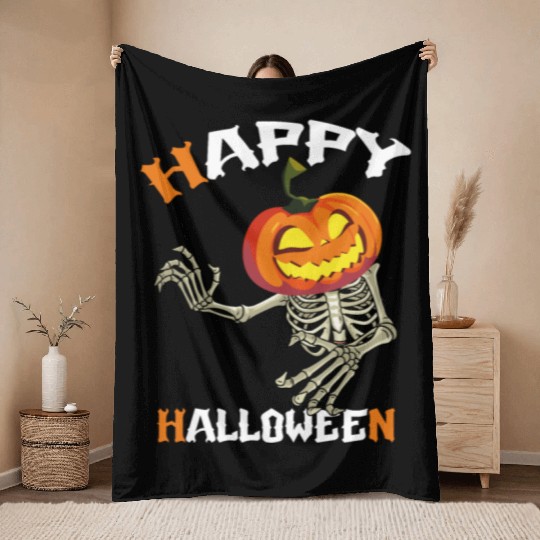 Trick Or Treat Happy Halloween Pumpkin Skeleton Throw Blankets