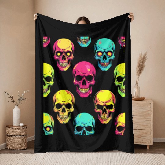 Neon Pop Punk Skull Pattern Throw Blankets