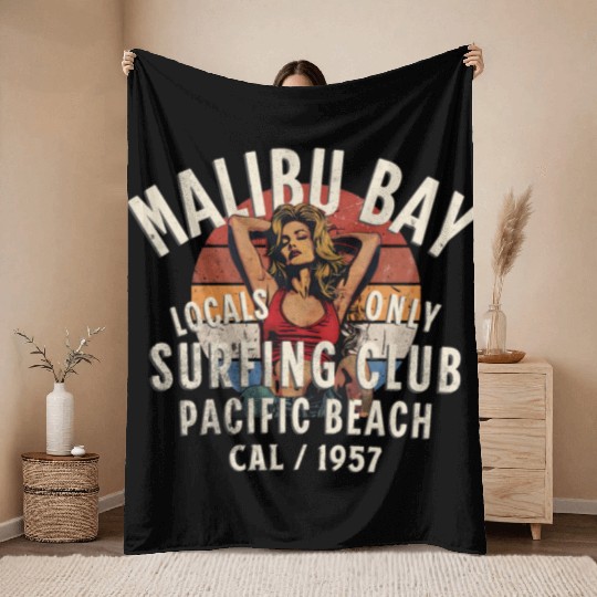 Malibu Bay Surfer Club Vintage Design Throw Blankets