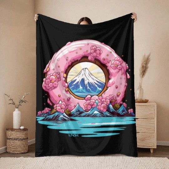 Japan Sakura Blossom Mount Fuji Donut Throw Blankets