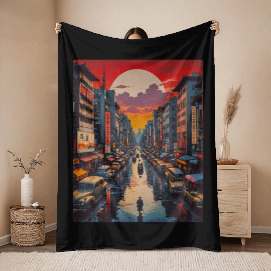 Twilight Reflections in Neon City Throw Blankets