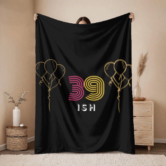 Cheerful '39 Ish' Design Throw Blankets: Festive Balloons &