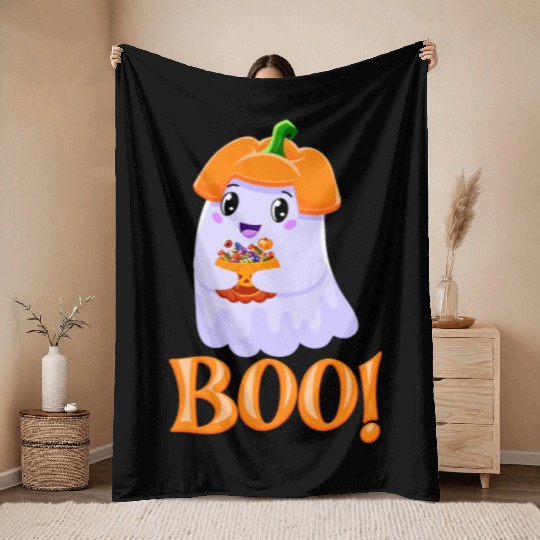 Cute Girl Ghost Boo! with Sweets Pumpkin Halloween Throw Blankets