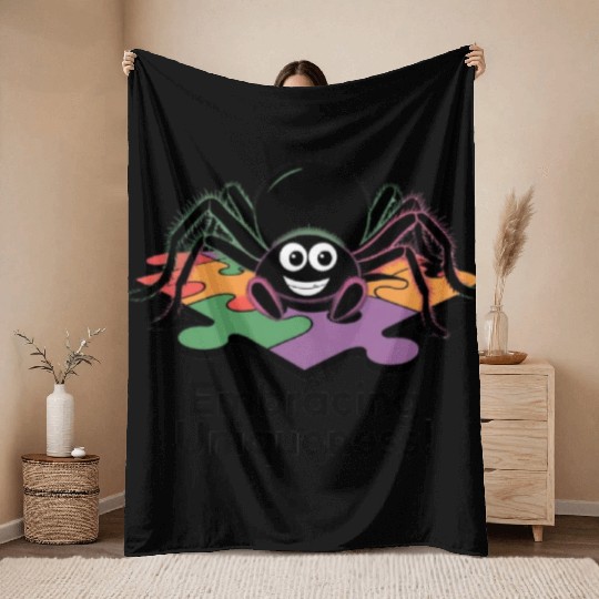 Colorful Puzzle Spider Embracing Diversity Throw Blankets