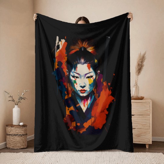 Samurai Warrior Woman – Eye catching Splash Art Throw Blankets
