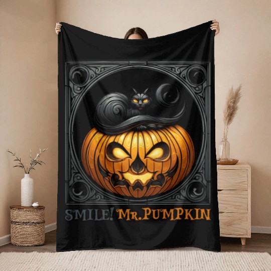 SMILE Mr PUMPKIN Halloween design Throw Blankets