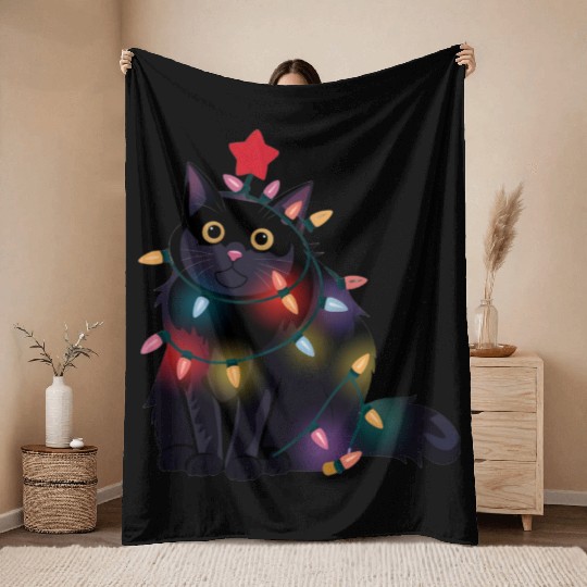 Festive Christmas Lights Cat Throw Blankets