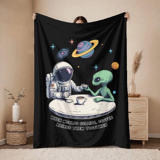 An astronaut, an alien and a cup of coffee Throw Blankets