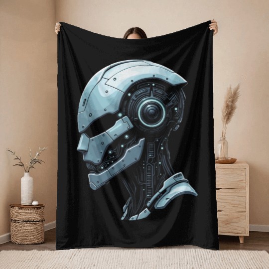 Cybernetic Futuristic Robot Head Throw Blankets