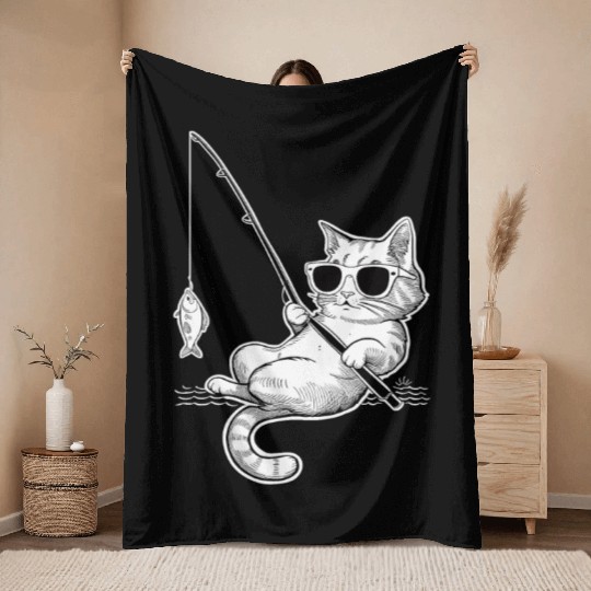Cat Wearing Sunglasses Fishing with a Fish Throw Blankets