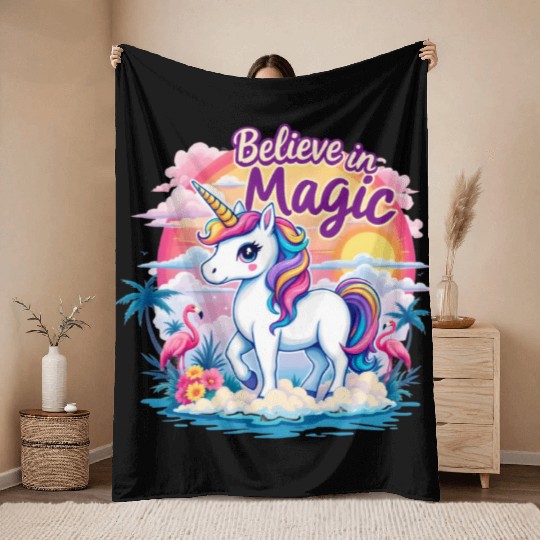 Believe In Magic Unicorn Fantasy Adventure Throw Blankets