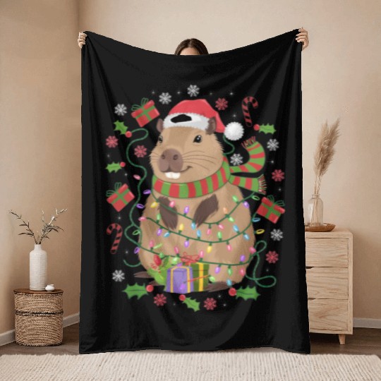 Cute Christmas Capybara - Holiday Lights and Gifts Throw Blankets