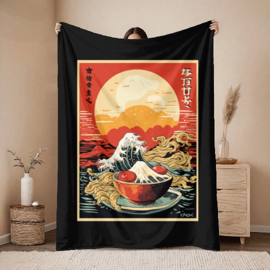 Parody Japanese Poster Kanagawa Sushi Ramen Throw Blankets