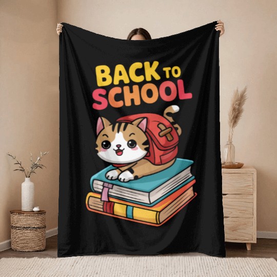 Playful Cat Back to School Illustration Throw Blankets