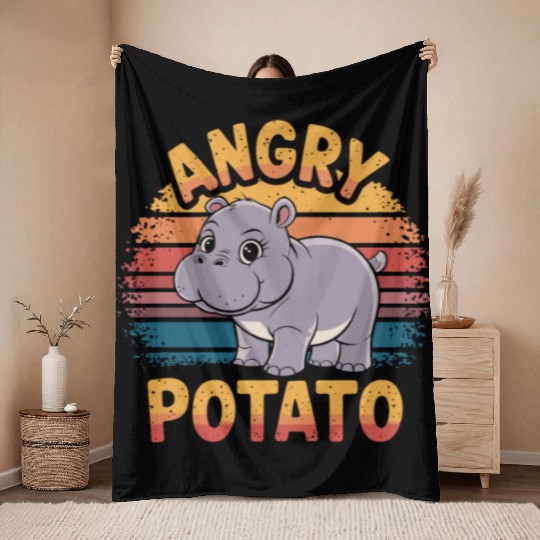 Moo Deng Angry Potato Hippo Humor Design Throw Blankets