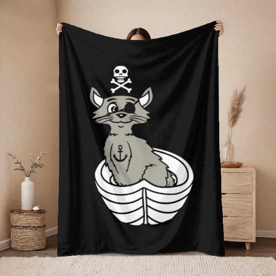 Pirate Cat Buccaneer Eye Patch Hat Rowing Boat Fun Throw Blankets