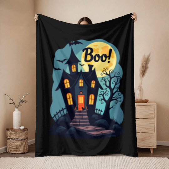 spooky haunted house with a black cat sitting Throw Blankets
