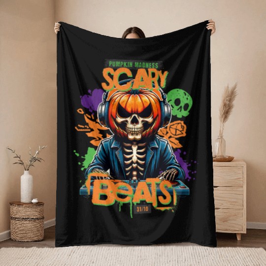 Pumpkin Madness Scary Beats Halloween DJ Design Throw Blankets