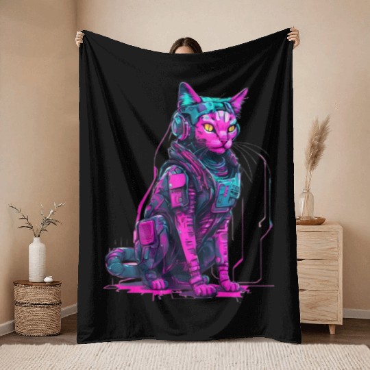 Cyber Warrior Cat Throw Blankets