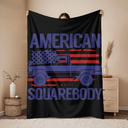 Classic C10 American Square Body Truck USA Flag Throw Blankets