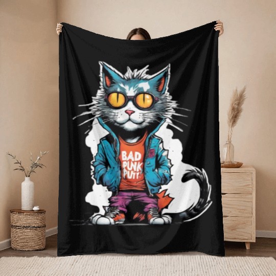 Punk Bad Cat with Sunglasses Throw Blankets