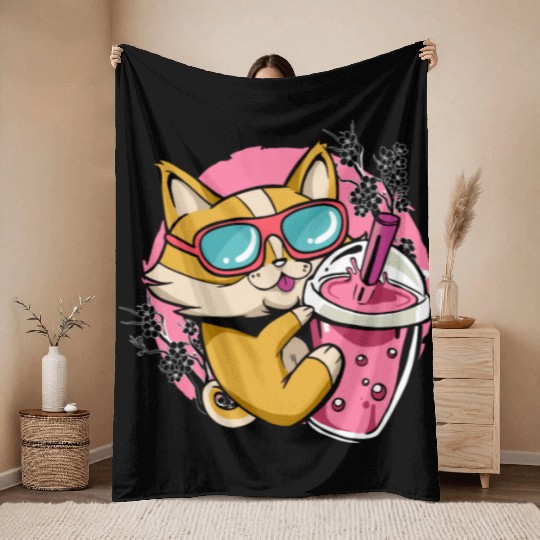 Kitten Kawaii Boba Milk Tea Drinking Cat Throw Blankets