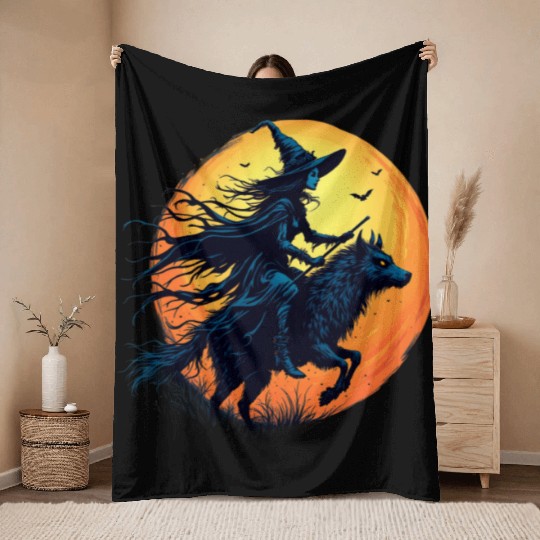 Halloween Witch Riding a Wolf Under Full Moon Throw Blankets