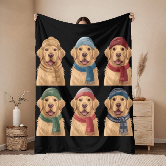 Winter Cute Golden Retriever Throw Blankets
