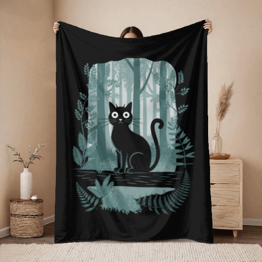 Cottagecore Black Cat In enchanting Forest Throw Blankets