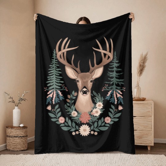 Cottagecore Deer with Floral Wreath and Evergreen Throw Blankets