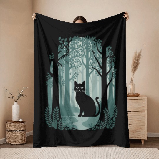 Cottagecore enchanting Forest Cat Throw Blankets