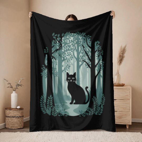 Cottagecore enchanting Forest Cat Throw Blankets