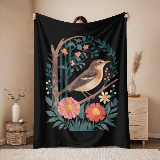 Cottagecore Bird and Floral Harmony Throw Blankets