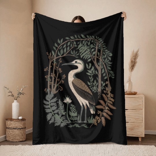 Heron in Forest Foliage Nature Scene Throw Blankets