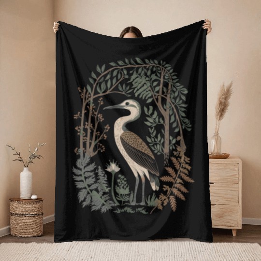 Heron in Forest Foliage Nature Scene Throw Blankets