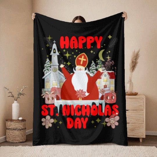 Happy saint Nicholas dayretro logo Throw Blankets