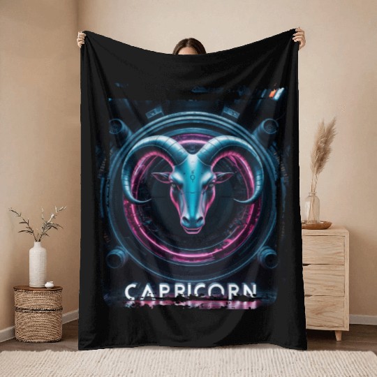 Zodiac sign Capricorn in cyberpunk era Future Throw Blankets