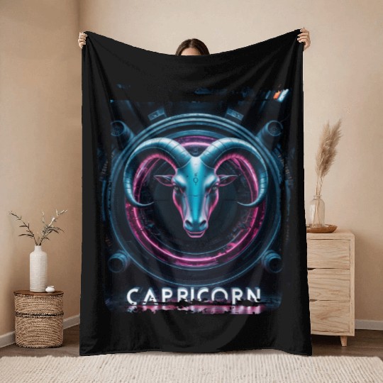 Zodiac sign Capricorn in cyberpunk era Future Throw Blankets