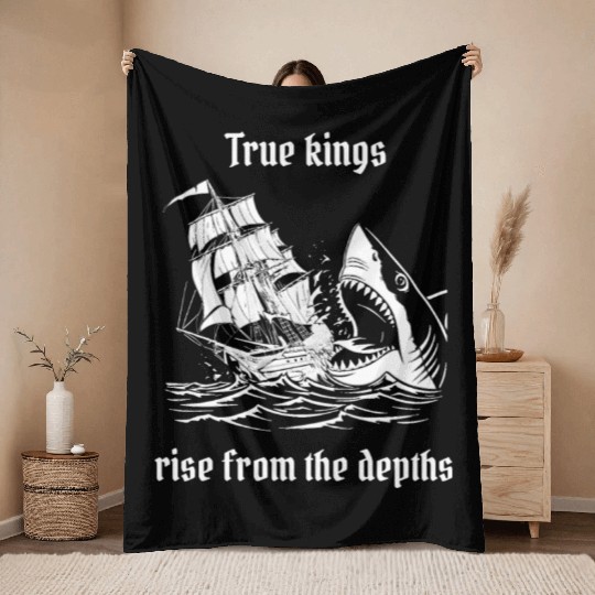 Shark and pirate ship, true kings, ocean, depths Throw Blankets