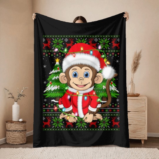Monkey Santa Hat Ugly Christmas Tree Lights Throw Blankets