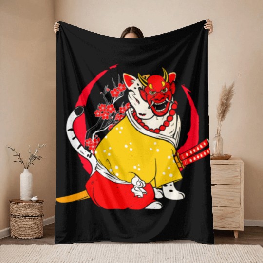 Kanji Japan Katana Oni Ninja Cat Samurai Throw Blankets