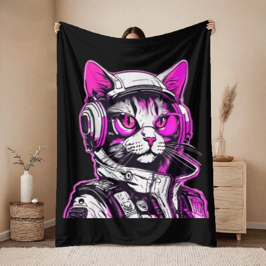 Punk Cat with Futuristic Headphones Throw Blankets