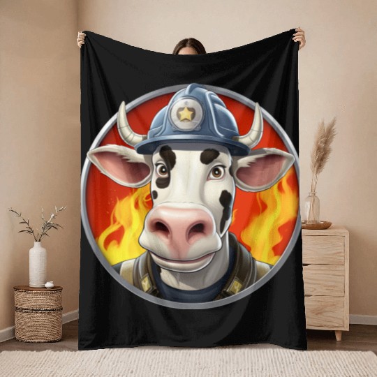 Firefighter cow Throw Blankets