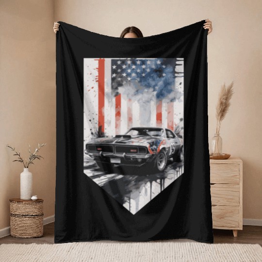 Rev up your patriotism - Muscle car and usa flag Throw Blankets