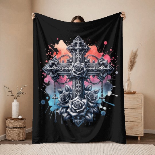 Gothic Collection - Crosses Roses Pastel B/ground Throw Blankets