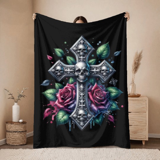Gothic Collection - Cross, Skulls & Red Roses Throw Blankets