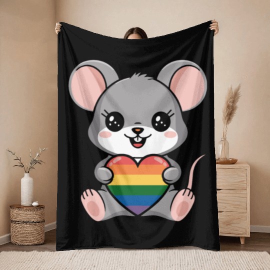 LGTBQ Cute Mouse Holding Rainbow Heart Throw Blankets