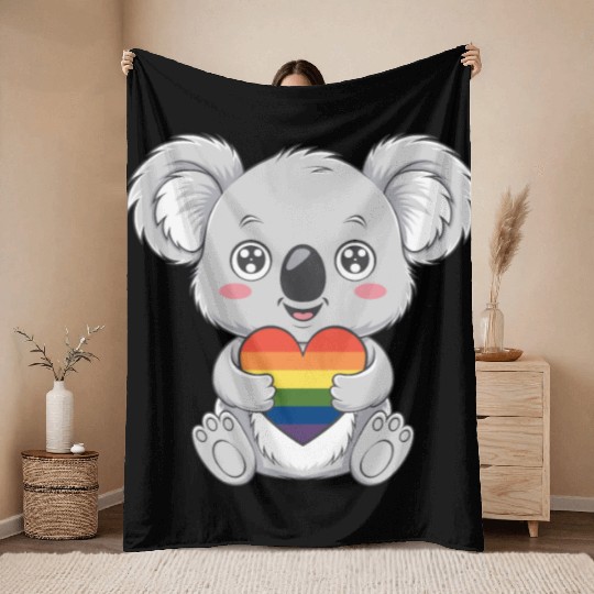 Cute Koala Holding Rainbow Heart LGTBQ Pride Throw Blankets